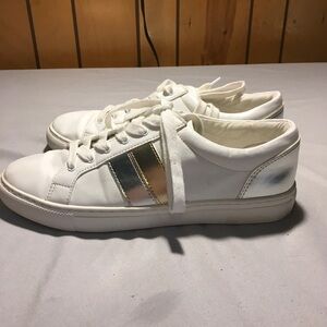 J Crew womens sneakers white w/ silver and gold stripes Size 9.5